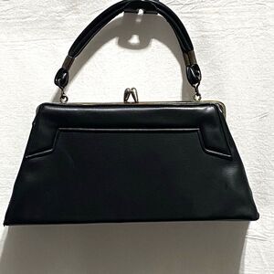 Vintage 1960s Faux Leather Metal Frame Handbag Kiss-Lock Top Handle Small Black